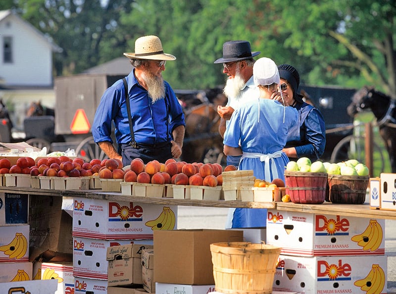 people at a produce market selling peaches and apples in Indiana Amish country