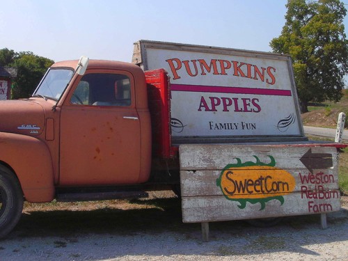 a truck at the red barn farm