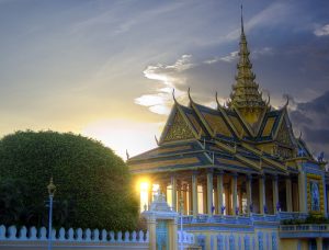 sunrise over a palace in Phnom Penh Cambodia