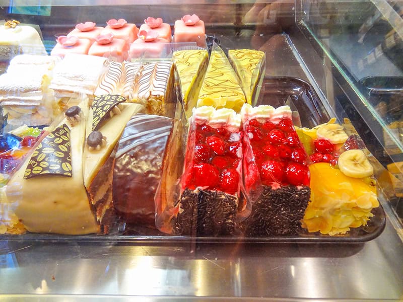 pastries in a bakery window