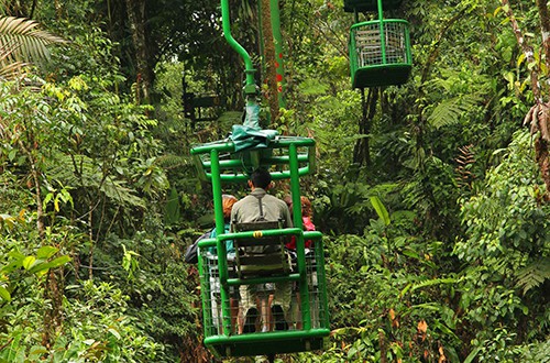 people on a chair lift over a jungle - one of the things to do in Costa Rica