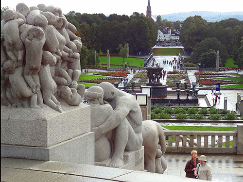 people visiting Vigeland Park in Oslo with its statues of nudes, one of the best things to do in Oslo