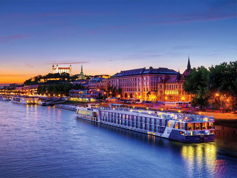 a river cruise ship in a European city