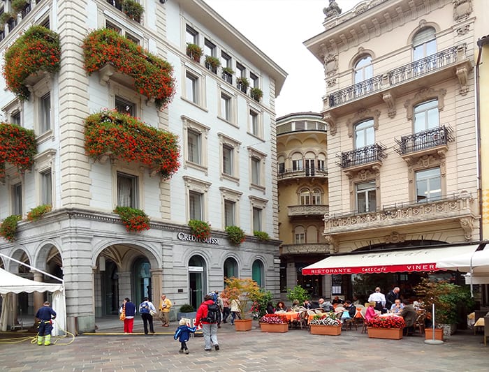 cafes in an old city square, one of the best things to do in Lugano Switzerland