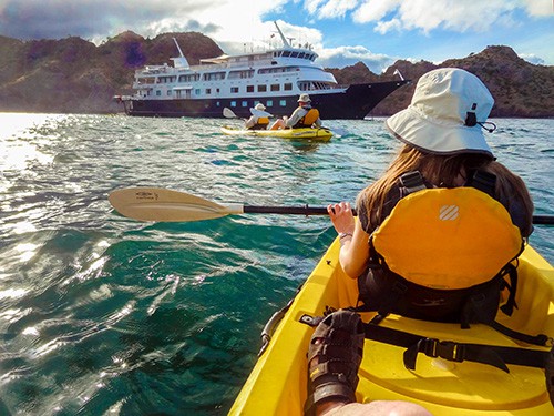 kayaks paddling towards a cryise ship in the Sea of Cortez