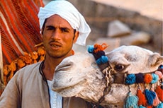 Arab man holding the bridal of a camel