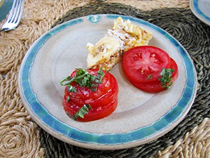A plate with tomatoes on chees on it