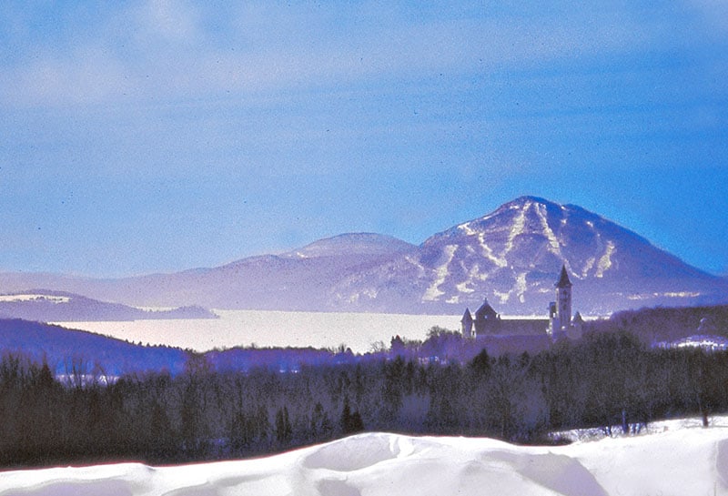 a castle and a mountain in the  Eastern Townships of Quebec