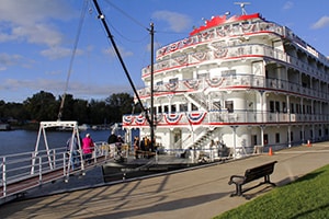 a riverboat docked along the Mississippi