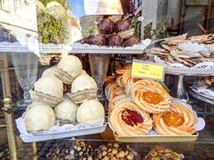 pasteries in a bakery window