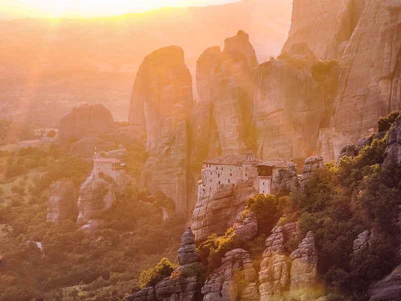 one of the ancient Meteora monasteries at sunset