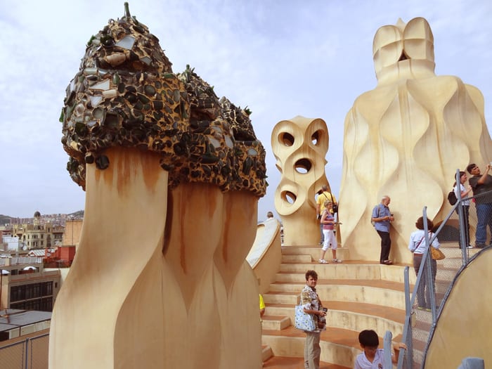 whimsical chimneys on a rooftop