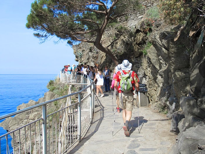 people walking on a cliffside trail