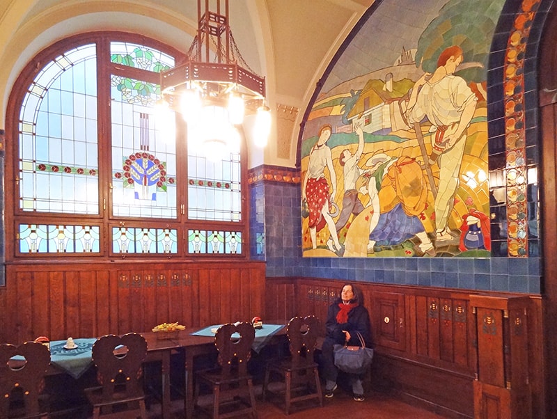 the interior of an art nouveau restaurant in Prague, much like those seen on day trips from the city
