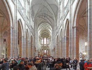 people in St. Vitus cathedral, a popular stop on a walking tour of Prague