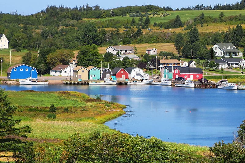 a colorful fishing village seen while driving to Charlottestown, after taking the ferry to Prince Edward Island Canada