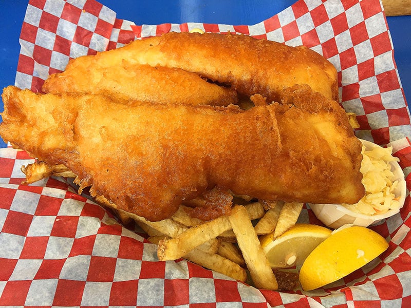 a box of fish and chips in a restaurant well-known for its Prince Edward Island food