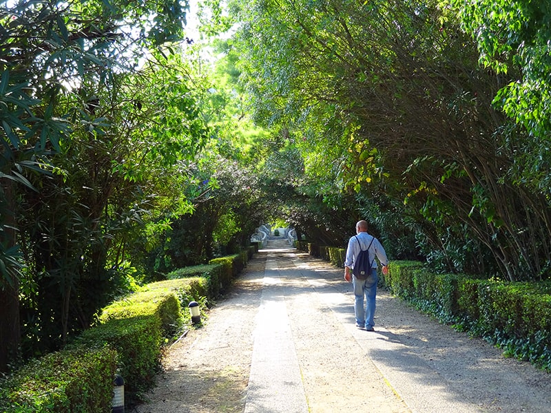 image of a man walking on through a hotel garden illustrating information on Coimbra hotels