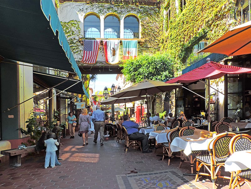 people walking past boutiques and cafes in downtown Santa Barbara