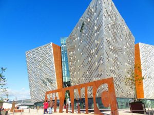 the modernistic design of the front entrance of teh Titanic museum