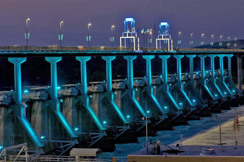 blue lighting on a dam