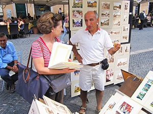 woman and man talking on a street