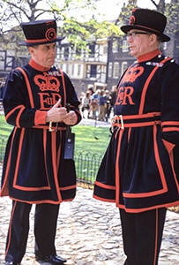 Yeoman Warders in colorful uniforms at the Tower of London