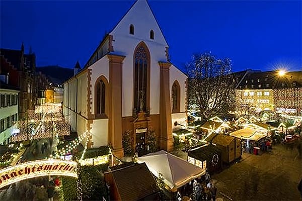 a church near a German Christmas market
