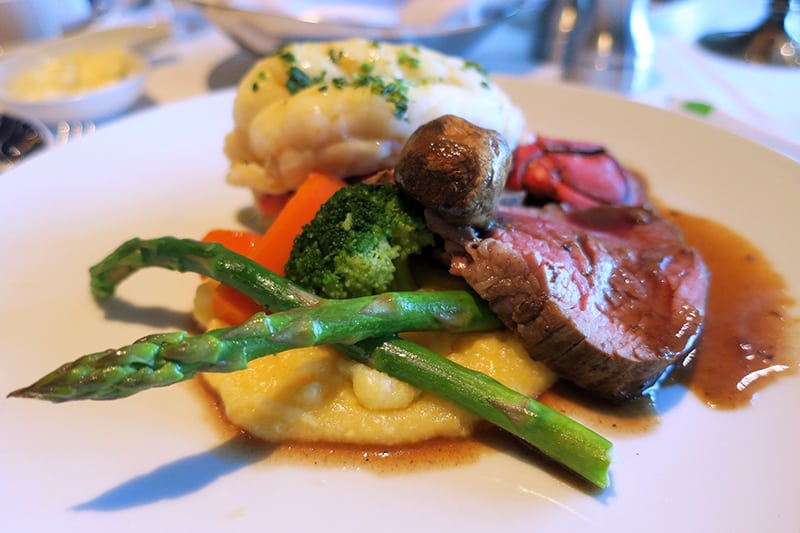 a surf and turf dinner On a cruise from vancouver to san diego