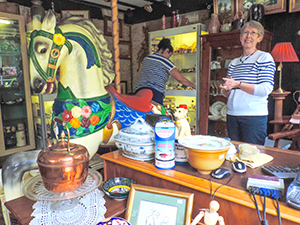 woman in an antiques shop seen on day trips from London 