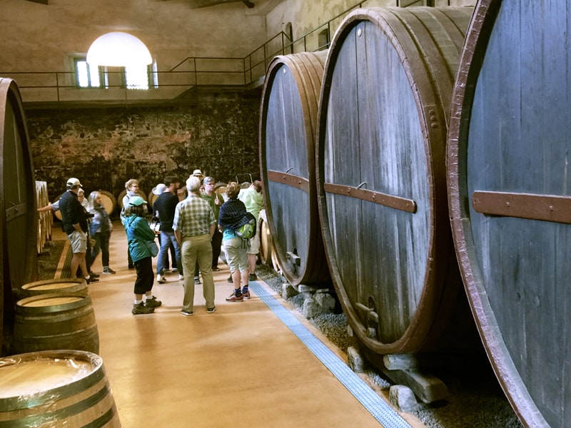 people by large barrels at wineries in sicily