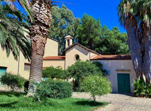 a building with palm trees