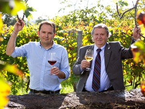 2 men in a vineyard have a glass of wine