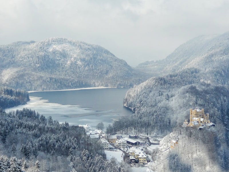 a town and lake in winter