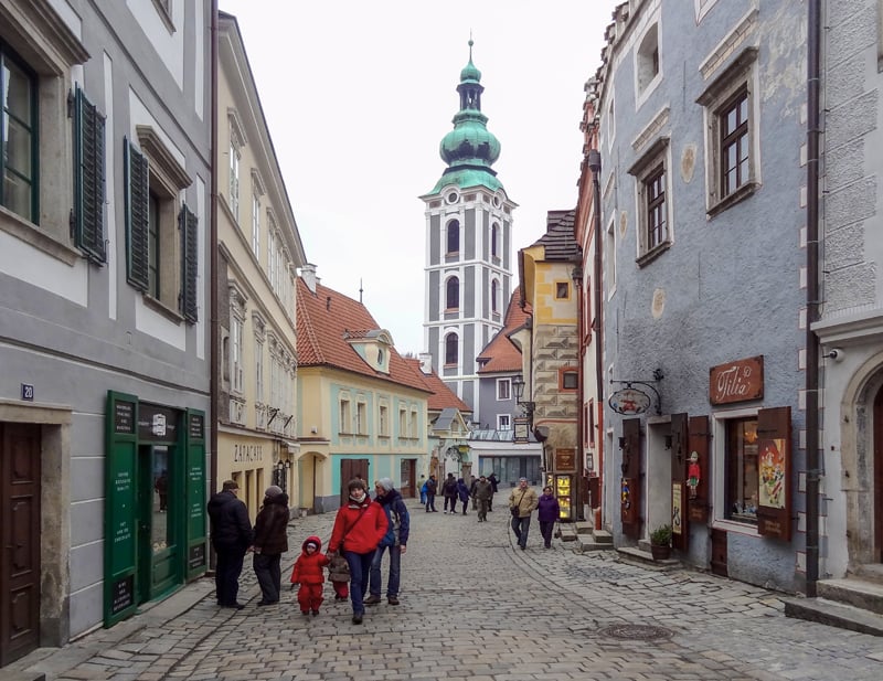 the bell tower of a church seen on a day trip to Cesky Krumlov from Prague