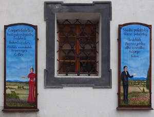 a window with two blue signs