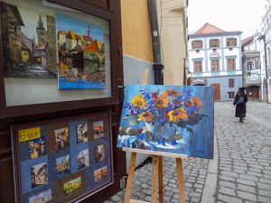 paintings for sale seen on a day trip to Cesky Krumlov from Prague