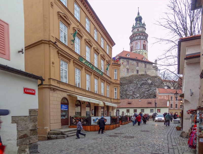 A castle and street seen on a day trip to Cesky Krumlov from Prague