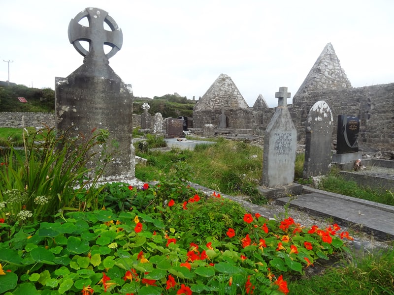 red flowers on a grave in an old cemetery