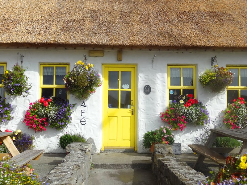 a cafe with a yellow door and flower in flower boxes