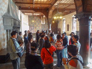 a tour group in a castle in Montreux Switzerland