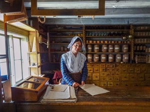 a woman dressed in an old costume