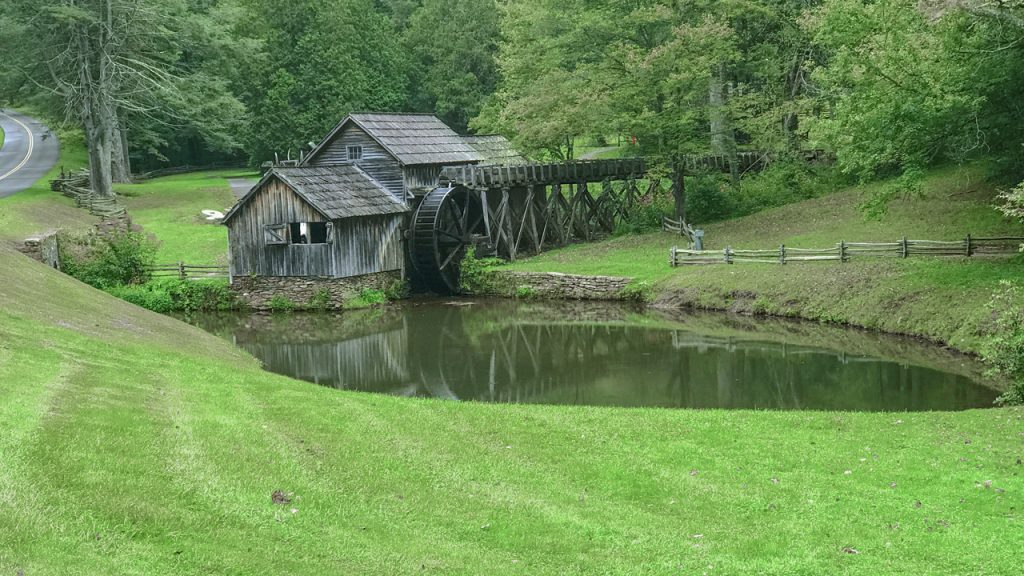 an old mill and pond seen on a Blue Ridge Parkway drive