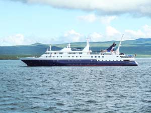 a cruise ship near an island