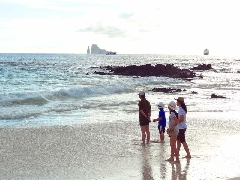 a family on a beach looking at the ocean