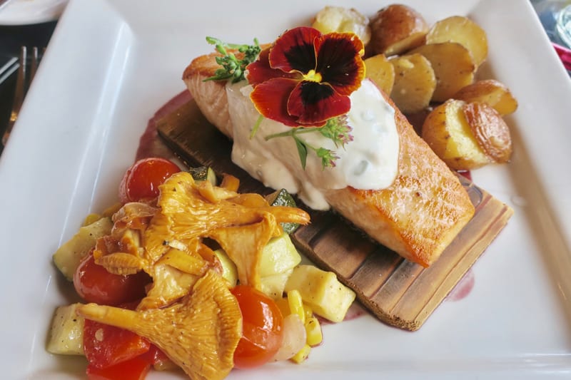 a meal of Cedar Planked Salmon at the Liscombe Lodge