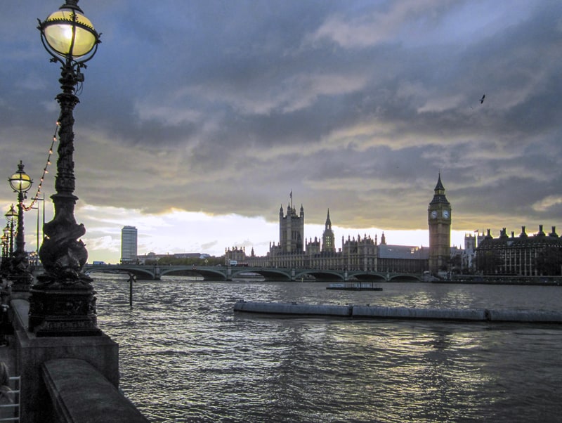 A view of London at dusk, as seen during a walk along the Thames