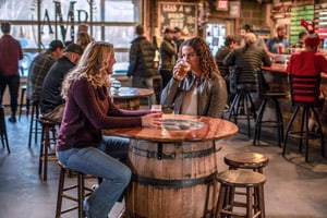 two young women conversing at a table in a bar in the North Carolina High Country