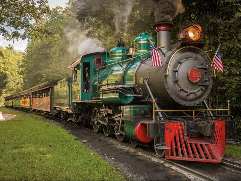 a large steam locomotives pulling train cars through the woods in the North Carolina High Country