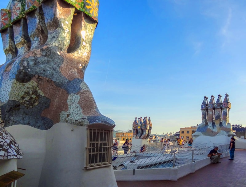 large whimsical chimneys on a rooftop - on one of the Gaudi buildings